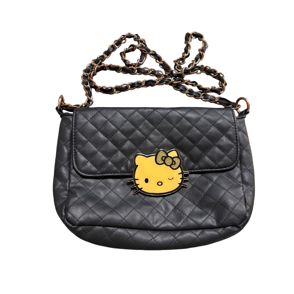 Loungefly Hello Kitty Crossbody Bag Black Quilted Chain Strap GUC